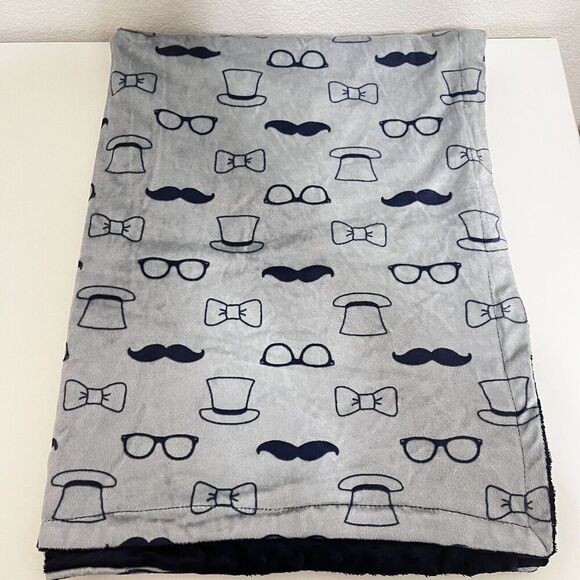 HB Hudson Baby Blanket Gray Blue Minky Dot Mustache Glasses Bow Tie Hats Lovey - Picture 1 of 12